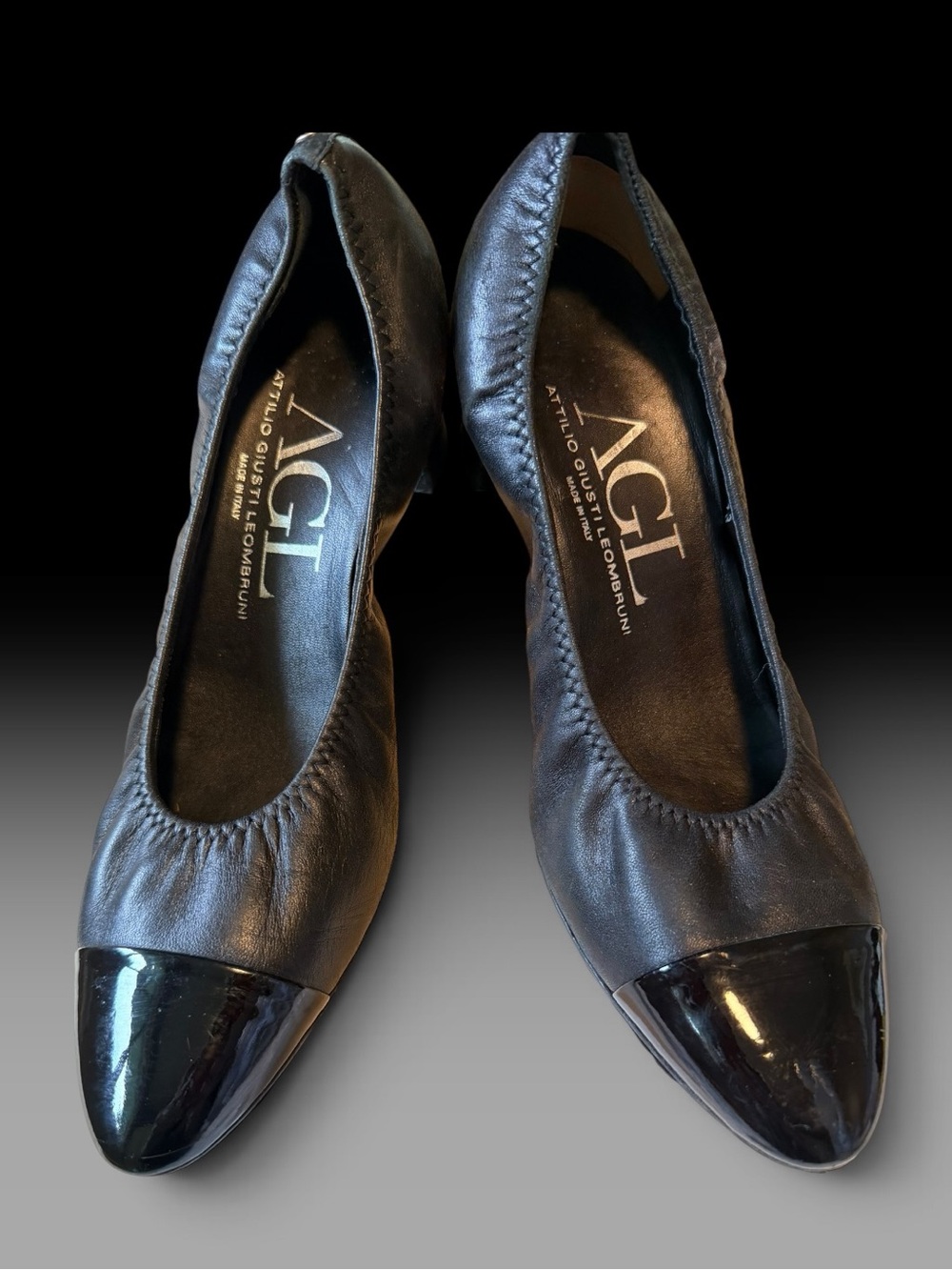 AGL Black Leather Glossy Cap Toe Low Block Heel Pumps, Size 43